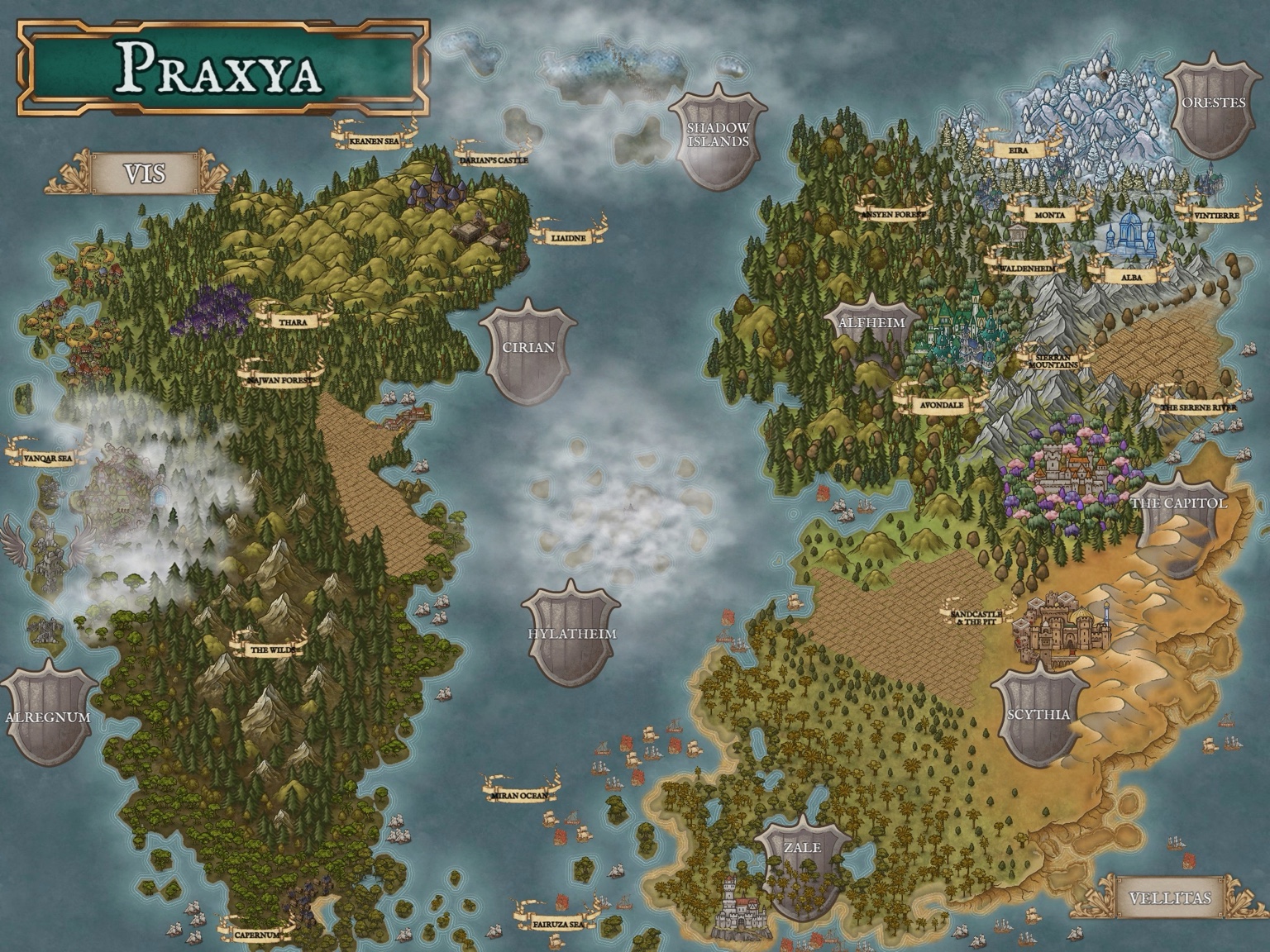 Astra Knight’s illustrated map of Praxya, showing its lands, seas, settlements, forests, and mountain ranges